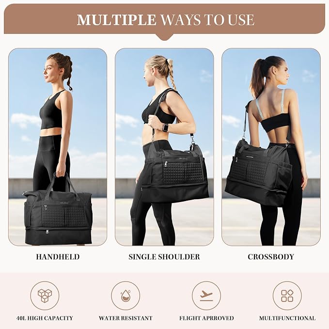 Maelstrom Gym Bag for Women,40L Travel Duffel Bag with Shoes Compartment and Wet Pocket,Waterproof Carry On Weekender Bag,Sport Gym Tote Bags Swimming Yoga, Hospital Holdalls（Black） - Image 7