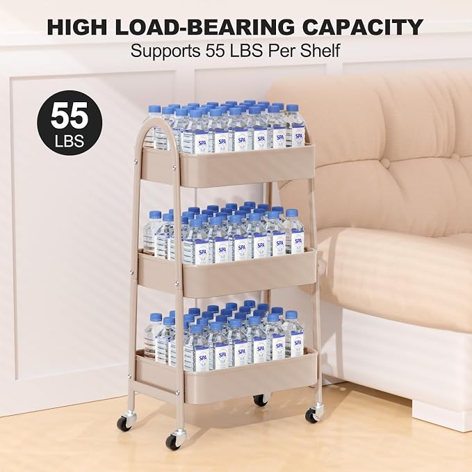 3 Tier Rolling Cart, Large Metal Storage Cart with Handle and Lockable Wheels, Big Multifunctional Storage Organizer Trolley with Mesh Baskets for Kitchen, Living Room, Office, Garage (Beige) - Image 6