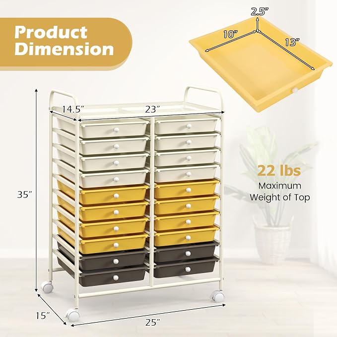 RELAX4LIFE 20 Drawer Rolling Storage Cart, Mobile Rolling Cart w/Drawers for School Classroom Teacher Office Home Salon, Paper File Art Supply Craft Organizer, Utility Cart on Wheels (Yellow) - Image 3