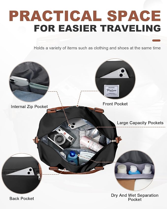 Travel Duffel Weekender Bag Women Tote Carry On Bags With Shoe Compartment | 18x14x8 inches Travel Overnight Bags with Trolley Sleeve for Airplanes Sport Tote Gym for Men Lightweight Daypack BlackBrown - Image 3
