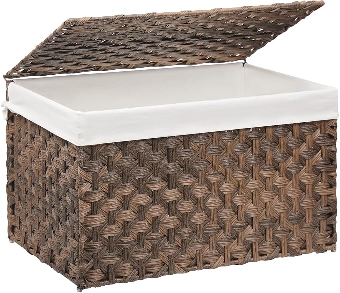 Wicker Storage Basket with Lid, 42.3 Gallon (160L) Large Blanket Basket with Lid, Woven Storage Bin with Handles, Removable Liner, Metal Frame, Foldable, for Bedroom, Laundry Room, Brown by MOORLITER
