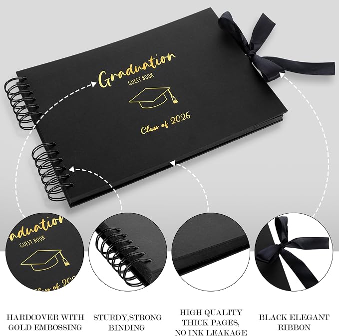 12 Pcs 2026 Graduation Guest Book with Photo Sign Decor 80 Pages Class of 2026 Scrapbook Photo Album with 10 DIY Dual Tip Metallic Markers Pens Gift, Exclude Camere(Graduation Cap,Black,10.4 Inches) - Image 3