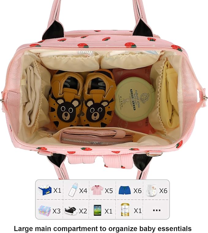 Corduroy Diaper Bag Backpack for Baby Girls Boys, Women Large Nappy Bags for Mom (Pink Corduroy Strawberry) - Image 5