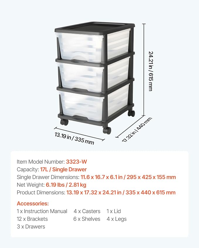 VEVOR Plastic Storage Drawers Cart, 3 Drawers Storage Organizer with Wheels, Rolling Closet Organization and Storage Dividers, Dresser Organizer Clear Bins for Office Supplies, Craft Rooms, Classrooms - Image 3