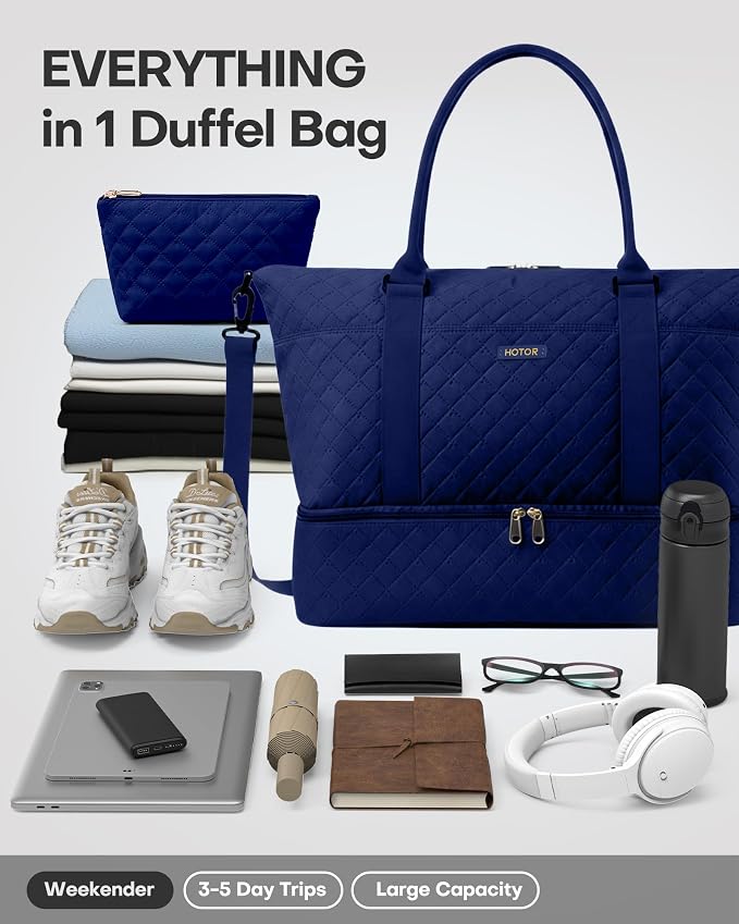 HOTOR Travel Duffel Bag - Weekender Bags for Women, Carry On Gym Tote Bags | with Toiletry Bag & Shoe Compartment, Overnight Bag for Travel Essentials, Travel Accessories, Dark Blue, 15.8"×18.1"×8.7" - Image 5
