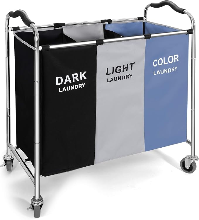 Laundry Basket, Large Laundry Hamper with Wheels, 3 Section Laundry Bag Organizer for Dirty Clothes; Dorm Room Essentials, Towel & Toys Storage Laundry Cart in Laundry Room Organization -BLUE by Unknown