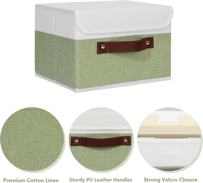 ANMINY Fabric Storage Box Bins with Lids, Green White, 10"x8"x7" | Keepsake Memory Storage, Cotton Linen, PP Board Reinforced, Washable, PU Handles, Foldable & Stackable, Decorative, Small - Image 2
