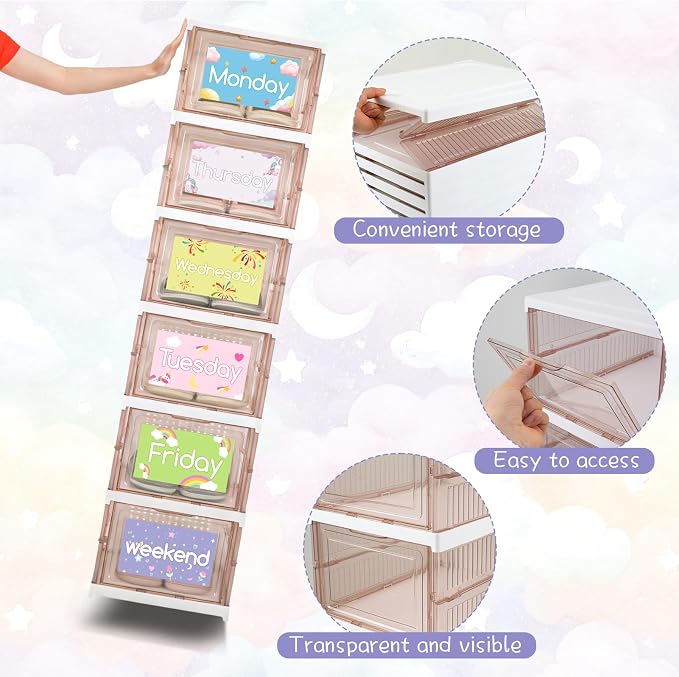 6 Shelf Daily Weekly Clothes Organizer for Kids Foldable Weekly Hanging Closet Organizer with Door Plastic Closet Storage for Boys and Girls Monday Through Friday Essential Stuff（Light Brown） - Image 4