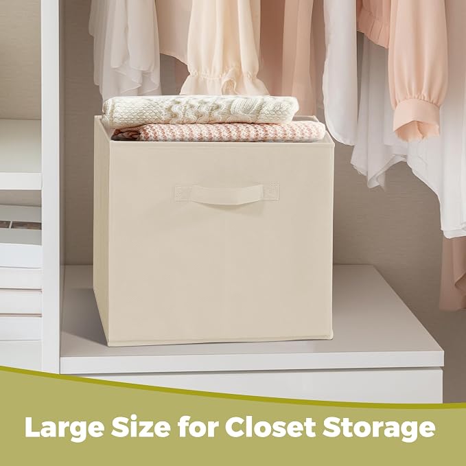 11x11 Storage Bins, Set of 4 Storage Cubes, Collapsible Cube Storage Box, Fabric Closet Organizers with Handles for Home, Office, Closet Shelf Cabinet, Bookcase, Beige - Image 7
