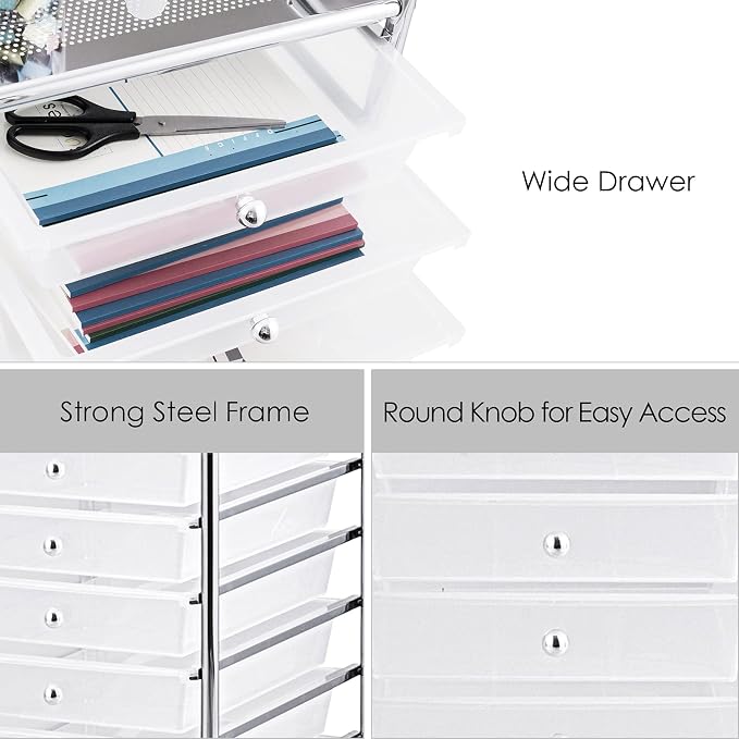 GOFLAME 10-Drawer Rolling Storage Drawer Cart, Utility Cart with Removable Drawers & Metal Frame, Mobile Art Craft Drawer Cart with Lockable Wheels for Home, Office, Studio, School, Clear - Image 8