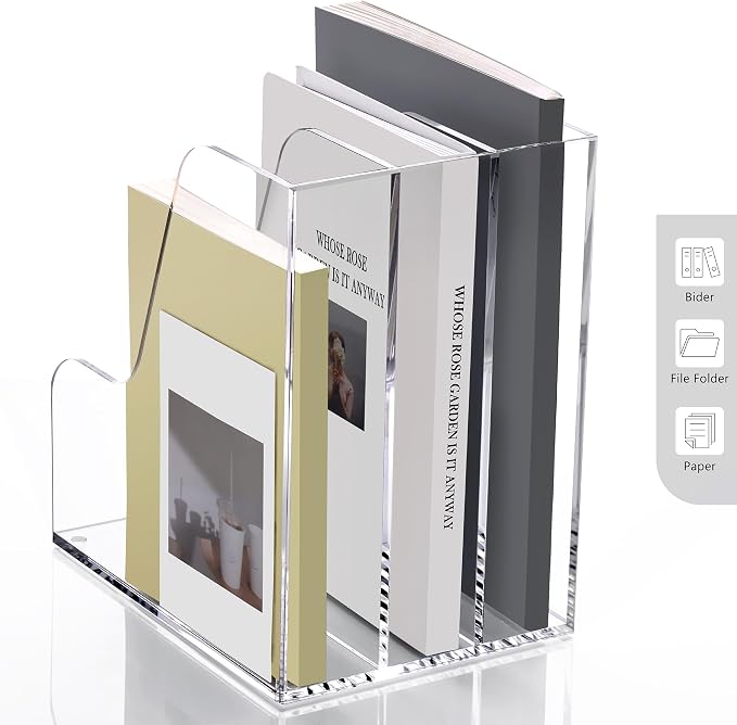 SANRUI Clear Vertical Magazine File Holder, Acrylic Desk Organizer and Storage Bins Holding for Magazines Binders, Notebooks, Envelopes A4 Folder Binder Holders Sorter, 3 Compartments - Image 6