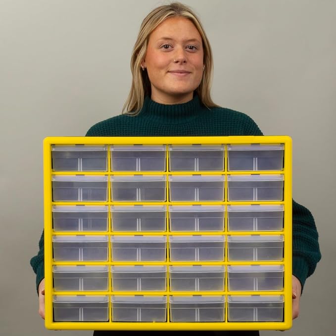 Akro-Mils 24-Drawer Plastic Drawer Storage Cabinet for Garage Organization, Bead Organizer, Building Bricks Storage, Teacher Toolbox, Makeup Organizer, 20-Inch W x 6-Inch D x 16-Inch H, 10124 Yellow - Image 2