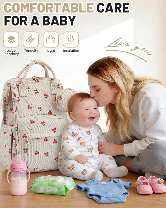 Corduroy Diaper Bag Backpack, Large Capacity Multifunction Baby Diaper Bags for Women, Insulated Bottle Pockets & Pacifier Case, Stylish Travel Nappy Changing Bags for Mom Dad (Cherry) - Image 2