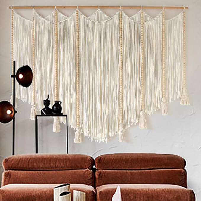 Jakalin Macrame Wall Hanging White Beads Yarn Art Boho Home Decor 57"x43" | Boho Wall Decor for Living Room,Bedroom,Nursery,Handwoven Tassel,Macrame Wall Art Cotton Craftsmanship Texture Wall Decor - Image 4