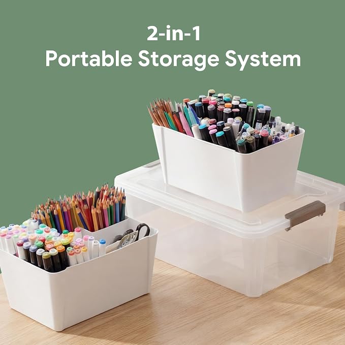 MACOPRO 17QT Craft Storage Box with 2 Removable Caddy Trays, Clear Stackable Plastic Organizer with Lid for Art Supplies, Beads, Sewing Tools, Pens & Kids Toys (White, 1Pack-2-in-1) - Image 3