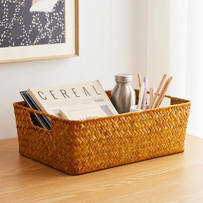 Seagrass Storage Basket with Handles, Stackable Woven Baskets Bins Container for Organizing Shelves Bedroom Living Room, Set of 3, Natural - Image 2