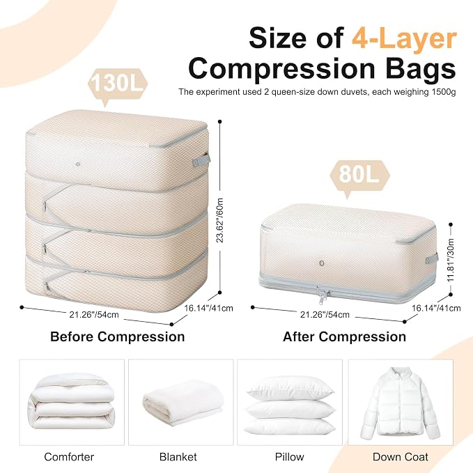 Comforter Storage Bag - 130L Large Capacity Blanket Storage Bags 4-Layer Ultra Space Saving Self Compression Organizer, Washable Compression Bags for Storage Comforter Blanket, 4-Pack, Beige - Image 2