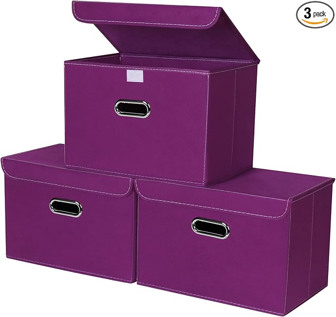 STOREONE Fabric Storage Cube Bins Foldable Organizer Container Collapsible Basket with Lids and Metal Handles, for Home, Bedroom, Closet 3 Pcs (Purple) by STOREONE