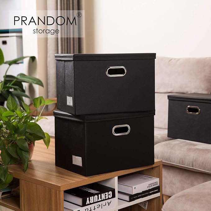 Large Foldable Storage Bins with Lids [3-Pack] Leather Fabric Collapsible Storage Boxes Organizer Containers Baskets Cube with Cover for Home Bedroom Closet Office Black(17.7x11.8x11.8) - Image 2