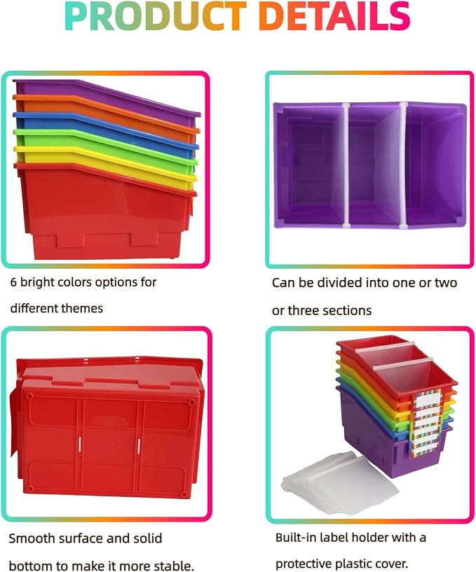 6 Pack Plastic Picture Book Classroom Library Bins with Dividers, Rainbow | Plastic Shelf Bin Organizer for Classroom Library, Book, Documents, Files Magazines, Multi-Purpose Book Holders with Labels - Image 4