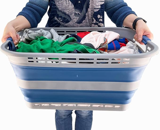 SAMMART 42L (11 gallons) Collapsible Plastic Laundry Basket - Portable Pop Up Storage Container/Organizer - Portable Hamper - Space Saving Easy Storage (Grey/Mist Blue) - Image 6