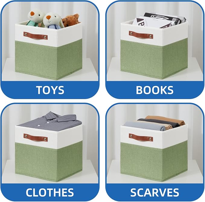 Temary Fabric Storage Bin 11x11 Cube Storage Bins for Home, 4 Pack Fabric Organizer Bins Cube Organizer Bins with Leather Handles Decorative Storage Bins for Shelf (White&Green) - Image 4