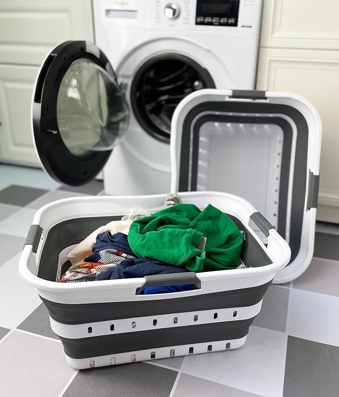SAMMART 42L (11 gallons) Set of 2 Plastic Foldable Storage Basket/Container - Collapsible, Space Saving and Portable Laundry Hamper, Ideal for Home, Travel, Dorm, and Camping (2, White/Steel Grey) - Image 4