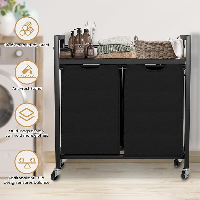 SwaaVee Laundry Sorter, Laundry Hamper with Wooden Top Shelf, 2×14.5Gal(110L), Metal Frame laundry basket with wheels, Pull out and Removable Laundry Bags, 2 Bags-Black - Image 7