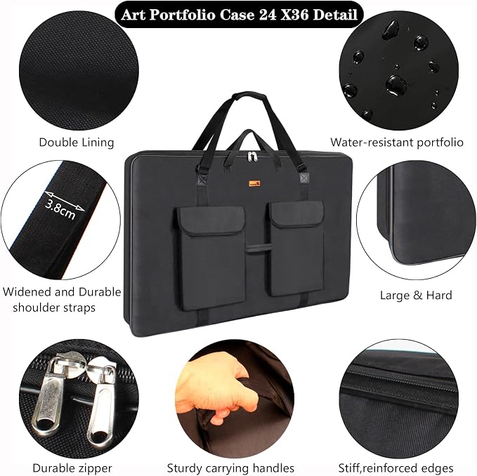 TreochtFUN Art Portfolio Bag 36 x 48 in - Waterproof Artist Carrying Case | Soft Side Sturdy with Strap, Heavy Duty Storage for Artwork Drawing Canvas Poster,(Black) - Image 6