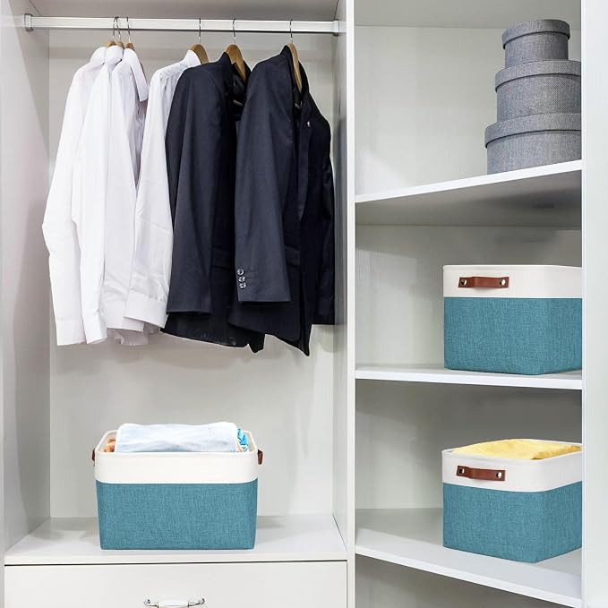 Storage Bins Large Fabric Storage Baskets for Shelves 3 Pack, Decorative Linen Closet Baskets with Handles for Organizing, Shelf, Clothes, Home, Office, 15x11x9.5Inches (Teal&White) - Image 2