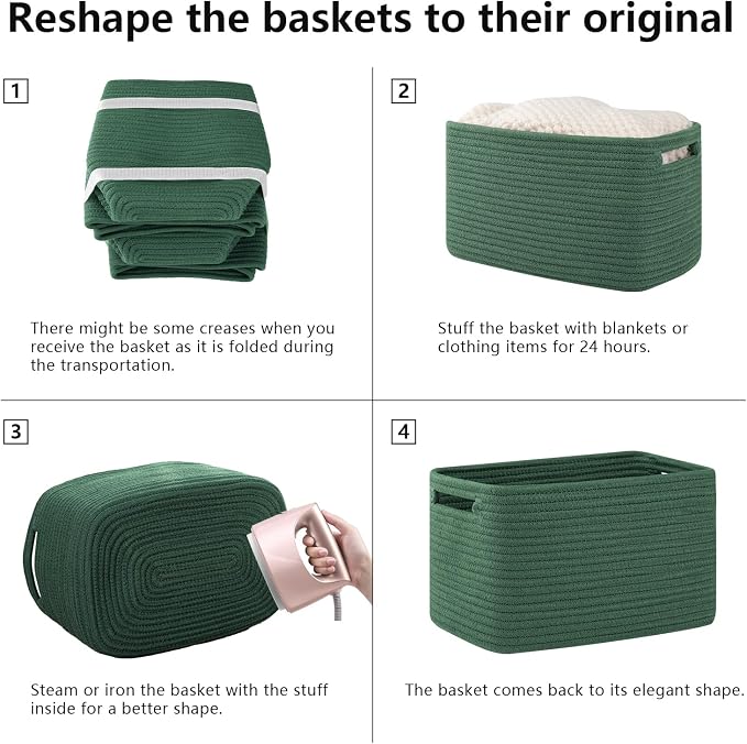 OIAHOMY 4 Pack Storage Baskets for Organizing 15L Cube Storage Bins Green | Woven Baskets for Storage Rectangle Small Baskets With Handles Baskets for Shelves Wicker Baskets for Shelves 12.7x9x7.8inch - Image 7