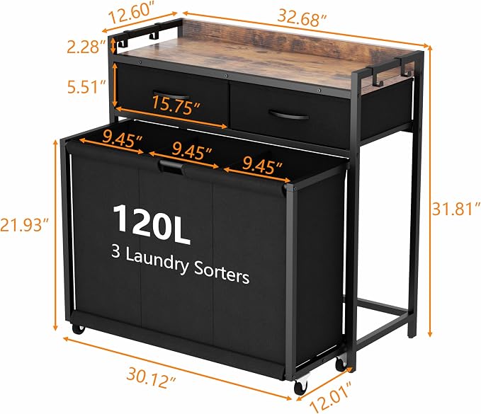 STIKELY Laundry Hamper Laundry Basket with 3 Section Pull-Out Rolling Bags, Laundry Sorter for Organization and Storage with 2 Pull-Out Drawers for Laundry Room, Bathroom, Bedroom Use (Rustic Brown) - Image 7