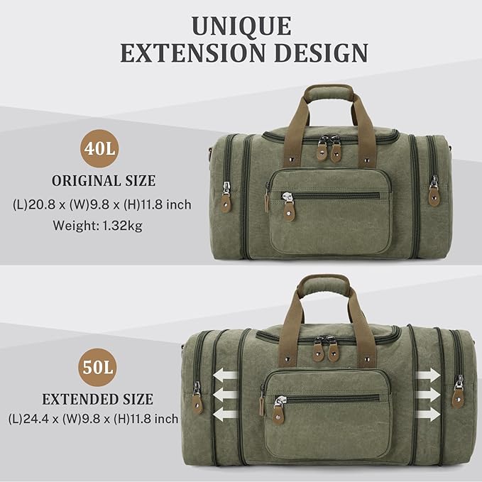 Gonex Canvas Duffle Bag, Expandable 50L Travel Overnight Weekender Bag | for Men, Multiple Pockets, Carry-On Size, Durable Zippers, Detachable Strap, Army Green - Image 5