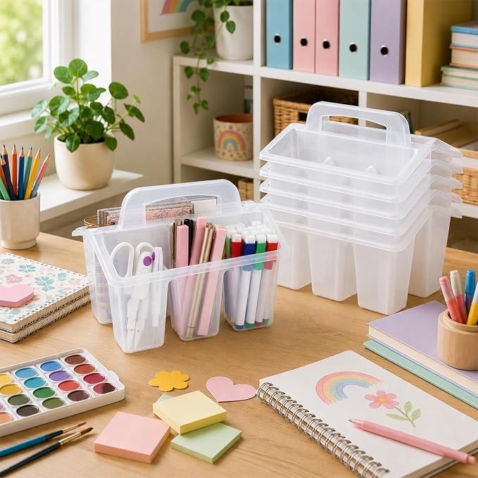 8 Pack Classroom Caddy Storage Basket with Handle 4 Compartment Storage Caddy Plastic Arts Crafts Caddies Protable Classroom Craft Caddies for Students Schools Art Craft Supplies(Clear) - Image 4