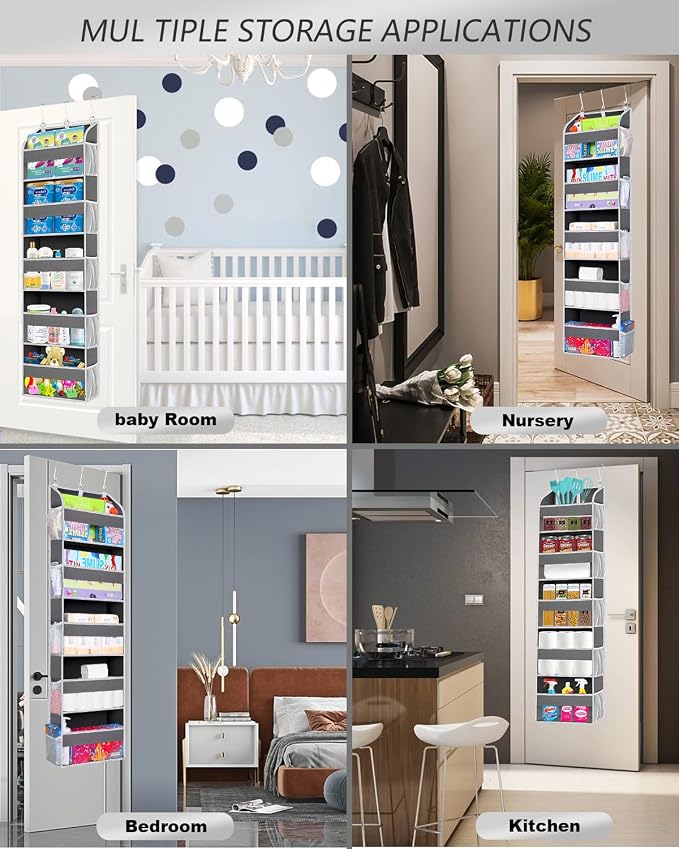 TAHAVICE 2 Pack Over the Door Storage Organizer, 5 Large & 10 Mesh Pockets | Hanging Storage Organizer with 40lb Capacity and Door Storage Space Saving for Bedroom,Bathroom,Nursery,Babyroom(Dark Gray) - Image 4