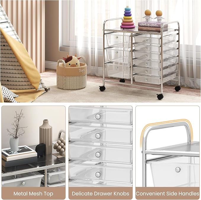 RELAX4LIFE 9 Drawer Rolling Storage Cart - Mobile Drawer Carts for Craft Art Supply Paper Salon, Utility Cart on Wheels for Classroom Teacher School Office, Rolling Cart with Drawers (Clear) - Image 6