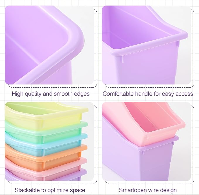 Blosssound 6 Set Book Bins for Classroom Stackable,Pastel | Plastic Baskets with Labels, Slanted Front, Library Supplies Organizers, Desktop Storage Bins, Teachers Home School Use - Image 3