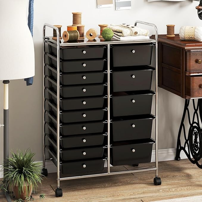 RELAX4LIFE 15-Drawer Rolling Storage Cart - Utility Cart with Metal Frame, Lockable Wheels & Removable Drawers, Multipurpose Art Craft Organizer for Home Office, Classroom (Black) - Image 8