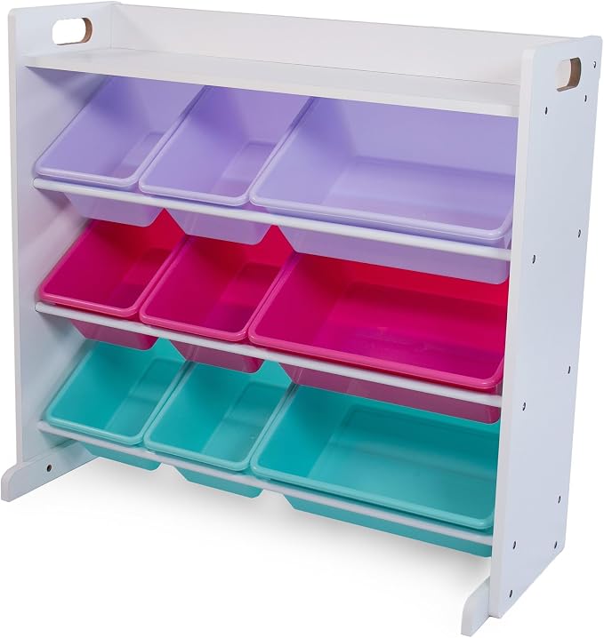 Humble Crew Kids Toy Organizer with Display Shelf, 9 Bins, 3 Tier Storage | Sturdy wood and steel toddler shelf, removable BPA-free containers, wall anchor anti-tip safety kit for bedroom or classroom by HumbleCrew