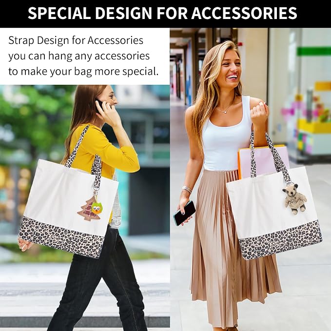 6-Pack Canvas Tote Bags with Zipper, Large Grocery Tote, Leopard Print | Reusable, washable, inner pocket, flat bottom, sturdy handle, for sublimation DIY/transfer, travel/beach/gift/Christmas craft - Image 2