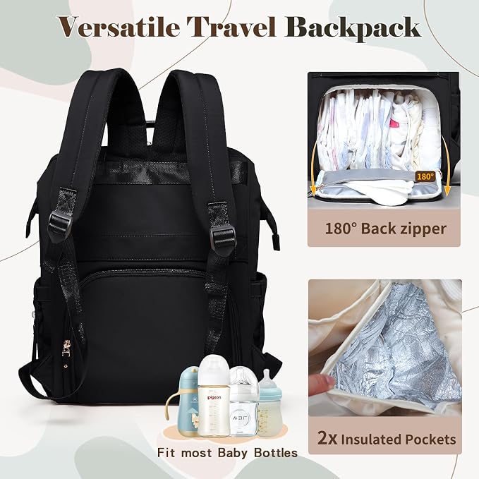 miss fong Diaper Bag Travel Diaper Backpack with Diaper Changing Pad-Black | Large Capacity ,12 Pockets Luggage Sleeve Stroller Straps Convertible Mommy Diaper Backpack for Moms Newborn Essentials - Image 3