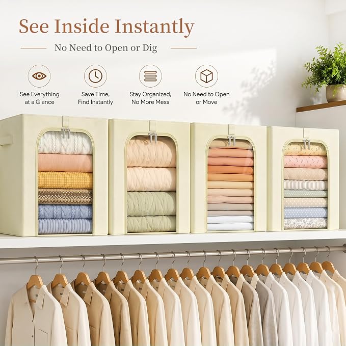 GoMaihe Blanket Storage Bins with Metal Frame for Closet, 55L 4-Pack Beige | Clothing Comforters Bedding Winter Coat, Closet Top Shelf, Collapse-Proof Stackable, Clear Window, Dual Access Space Saving - Image 5