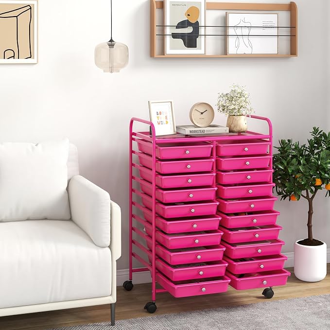 Giantex 20 Drawers Rolling Cart, Mobile Storage Drawer Cart, Classroom Organizer for Office School Supplies Teacher Tools Scrapbook Paper Craft Small Printer, Utility Stand on Wheels, Hot Pink - Image 2