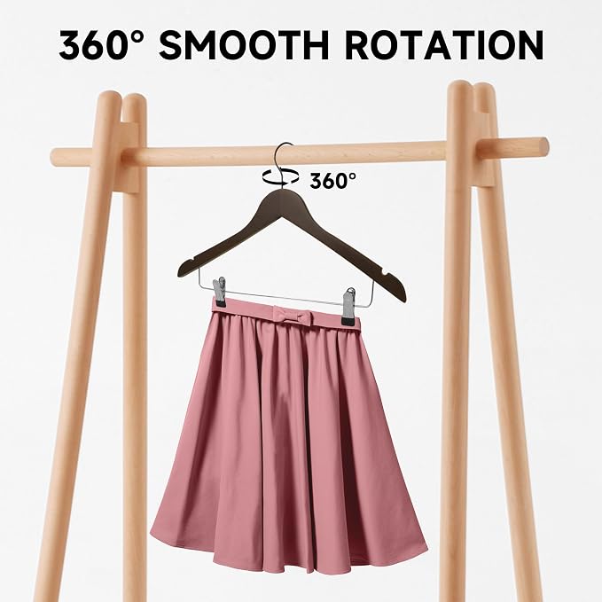 Wooden Hangers with Adjustable Metal Clips, 12-Pack, Walnut | Solid Wood Hangers with 360° Rotatable Hook for Skirt, Dress, Coats, Jacket and Pants, Space-Saving and Non-Slip Design - Image 3