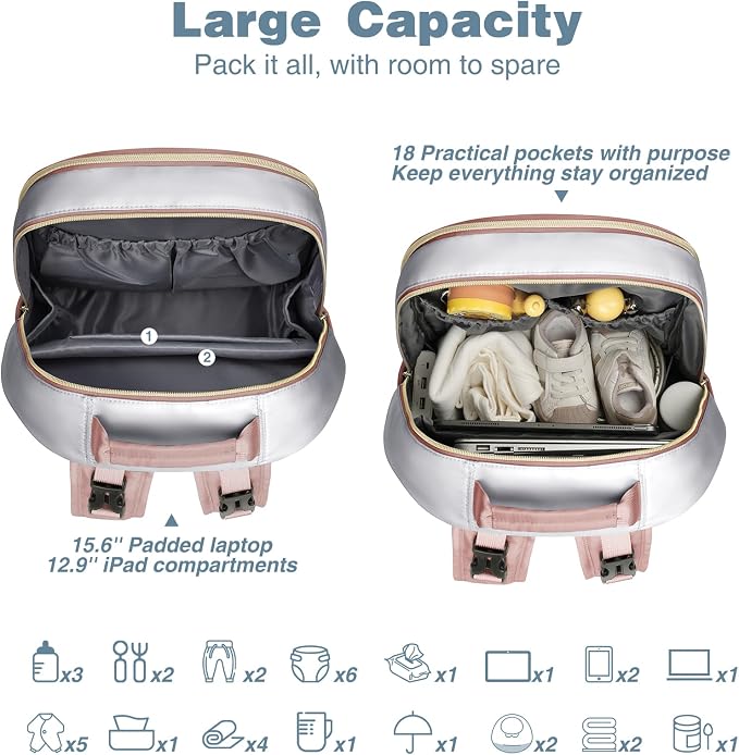 Diaper Bag Backpack, Quilted Baby Bag with Changing Pad & Stroller Straps & Pacifier Case, Large Travel Diaper Bags for Mom Dad, Pink Grey - Image 6