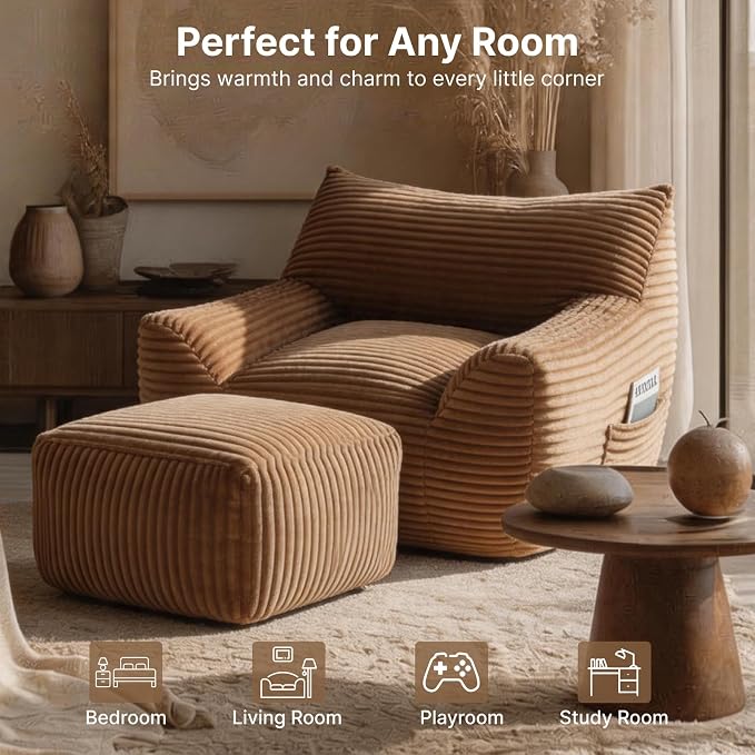 Oversized Bean Bag Chair with Ottoman, Bean Bag Couch with 2 Side Pockets, Corduroy Boneless Couch Chair in a Box, Comfy Lounge Chair for Living Room, Bedroom, Dorm, Brown - Image 7