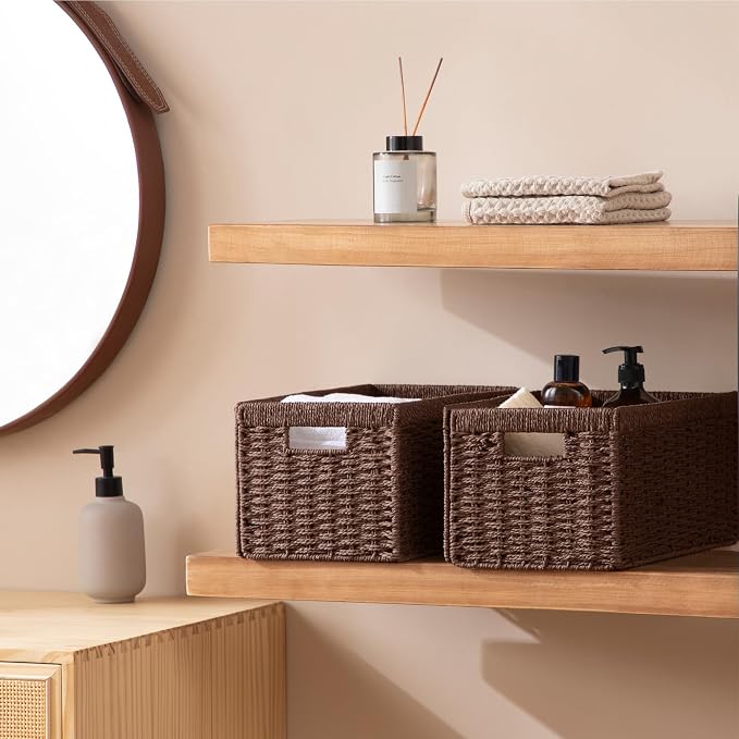 joybest Wicker Storage Baskets, 2pack Hand-Woven Paper Rope Wicker Baskets for Organizing, Foldable Rectangular Storage Organizer Bins for Shelves with Built-in Handles 13.4L x 8.3W x 7.1H, Dark Brown - Image 4