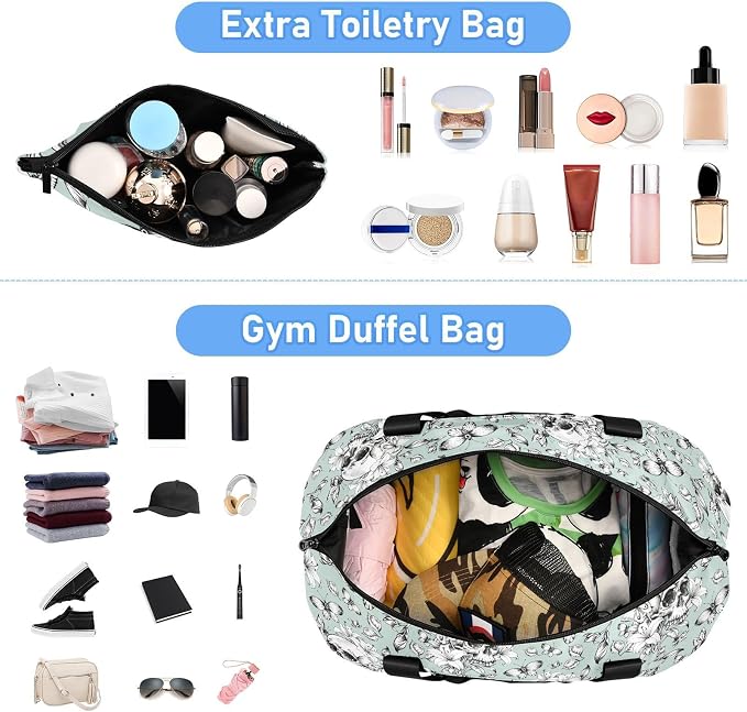 MNSRUU Travel Duffel Tote Bag Vintage Goth Skull Sports Duffel Bag with Wet Pocket Weekender Overnight Bag for Women Men Gym Bag, Carry On Bag Hospital Bag for Labor & Delivery - Image 3