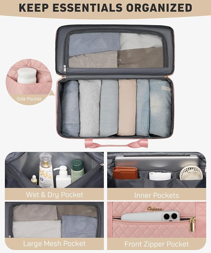 Weekender Bags for Women, Wide Open Large Travel Duffle Bag with Shoe Compartment, Overnight Hospital Bag For Women Labor Delivery, Carry on Bag Personal Item Travel Bag with Wet Pocket (Pink) - Image 3