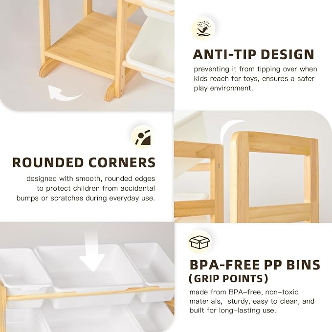 Wooden Toy Storage Organizer with 6 Shelves and 12 Bins, Toy Organizer Storage Kids Bookshelf, Toy Shelf for Playroom, Nursery, and Bedroom - Image 5